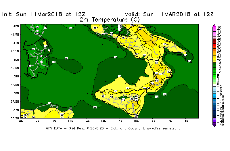 Mappa di analisi GFS - Temperatura a 2 metri dal suolo [°C] in Sud-Italia
									del 11/03/2018 12 <!--googleoff: index-->UTC<!--googleon: index-->