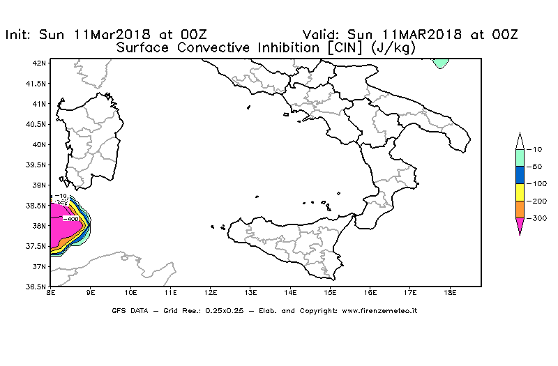 Mappa di analisi GFS - CIN [J/kg] in Sud-Italia
							del 11/03/2018 00 <!--googleoff: index-->UTC<!--googleon: index-->