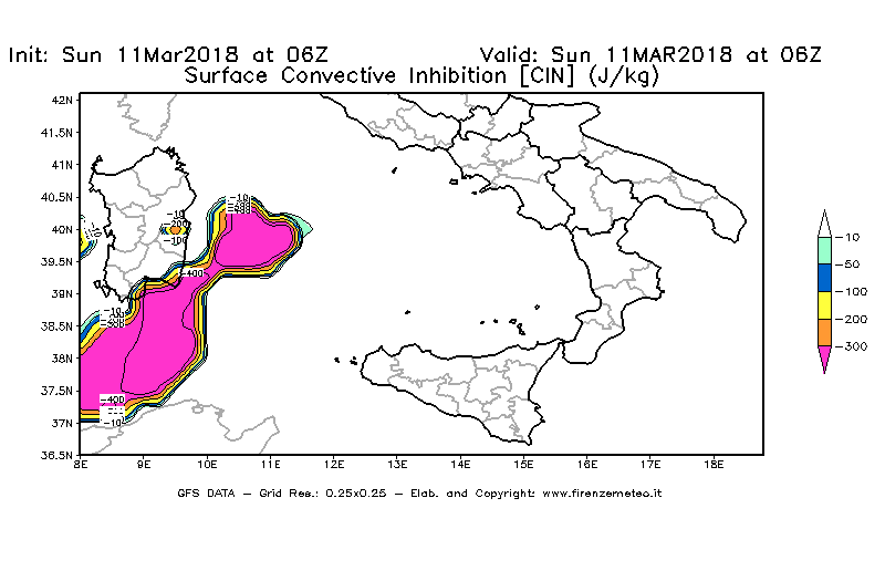 Mappa di analisi GFS - CIN [J/kg] in Sud-Italia
							del 11/03/2018 06 <!--googleoff: index-->UTC<!--googleon: index-->