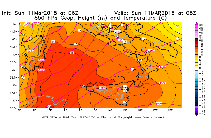 Mappa di analisi GFS - Geopotenziale [m] e Temperatura [°C] a 850 hPa in Sud-Italia
							del 11/03/2018 06 <!--googleoff: index-->UTC<!--googleon: index-->