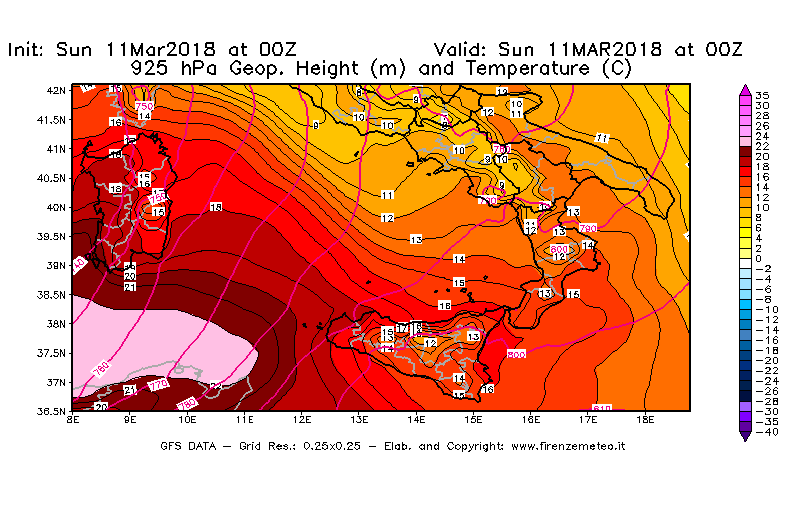 Mappa di analisi GFS - Geopotenziale [m] e Temperatura [°C] a 925 hPa in Sud-Italia
							del 11/03/2018 00 <!--googleoff: index-->UTC<!--googleon: index-->