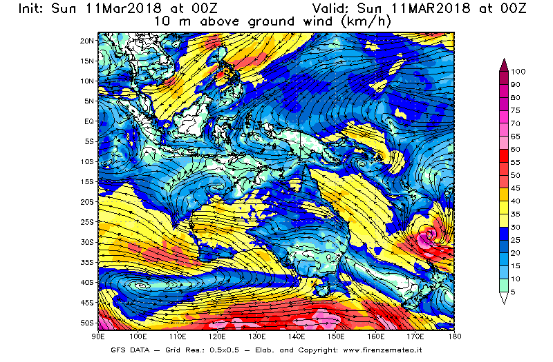 Mappa di analisi GFS - Velocità del vento a 10 metri dal suolo [km/h] in Oceania
									del 11/03/2018 00 <!--googleoff: index-->UTC<!--googleon: index-->