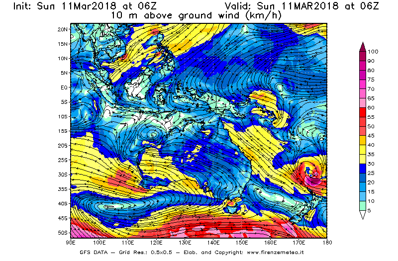 Mappa di analisi GFS - Velocità del vento a 10 metri dal suolo [km/h] in Oceania
							del 11/03/2018 06 <!--googleoff: index-->UTC<!--googleon: index-->