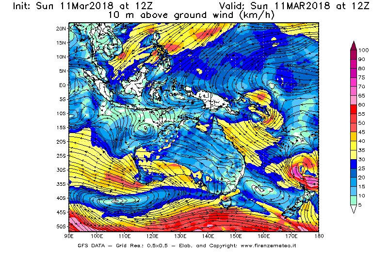 Mappa di analisi GFS - Velocità del vento a 10 metri dal suolo [km/h] in Oceania
							del 11/03/2018 12 <!--googleoff: index-->UTC<!--googleon: index-->