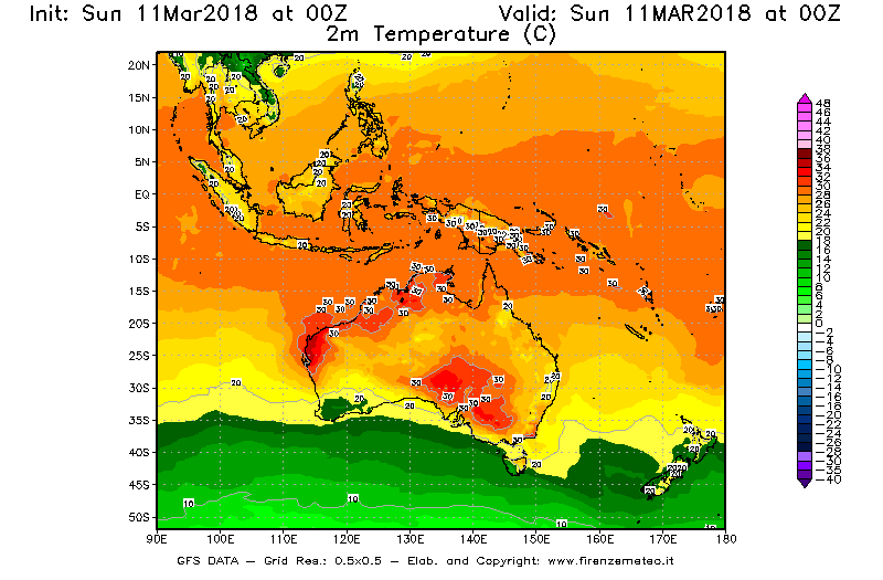 Mappa di analisi GFS - Temperatura a 2 metri dal suolo [°C] in Oceania
									del 11/03/2018 00 <!--googleoff: index-->UTC<!--googleon: index-->