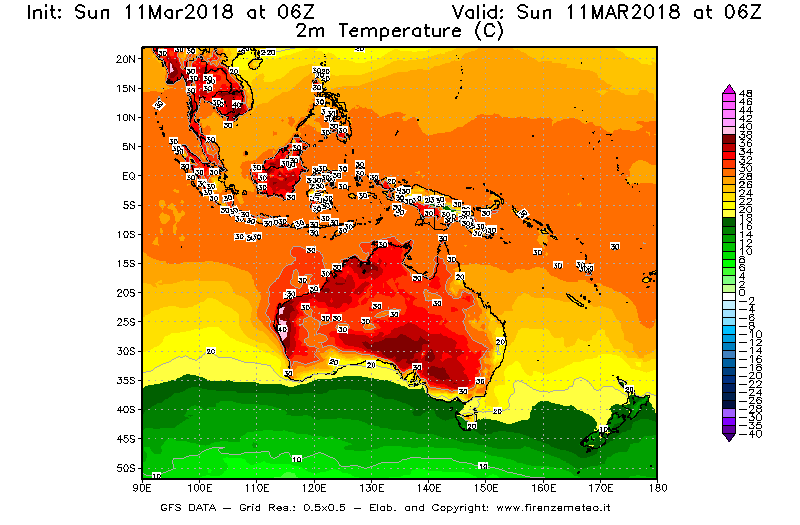 Mappa di analisi GFS - Temperatura a 2 metri dal suolo [°C] in Oceania
									del 11/03/2018 06 <!--googleoff: index-->UTC<!--googleon: index-->