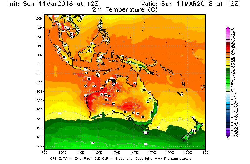 Mappa di analisi GFS - Temperatura a 2 metri dal suolo [°C] in Oceania
							del 11/03/2018 12 <!--googleoff: index-->UTC<!--googleon: index-->