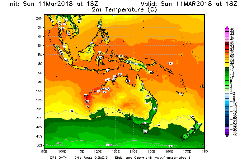 Mappa di analisi GFS - Temperatura a 2 metri dal suolo [°C] in Oceania
							del 11/03/2018 18 <!--googleoff: index-->UTC<!--googleon: index-->