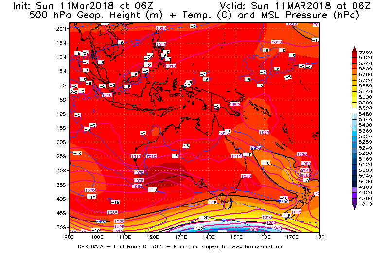 Mappa di analisi GFS - Geopotenziale [m] + Temp. [°C] a 500 hPa + Press. a livello del mare [hPa] in Oceania
									del 11/03/2018 06 <!--googleoff: index-->UTC<!--googleon: index-->