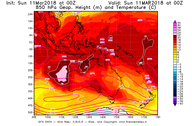 Mappa di analisi GFS - Geopotenziale [m] e Temperatura [°C] a 850 hPa in Oceania
							del 11/03/2018 00 <!--googleoff: index-->UTC<!--googleon: index-->