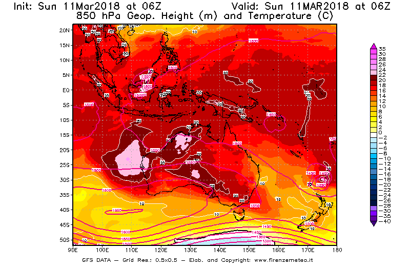 Mappa di analisi GFS - Geopotenziale [m] e Temperatura [°C] a 850 hPa in Oceania
									del 11/03/2018 06 <!--googleoff: index-->UTC<!--googleon: index-->