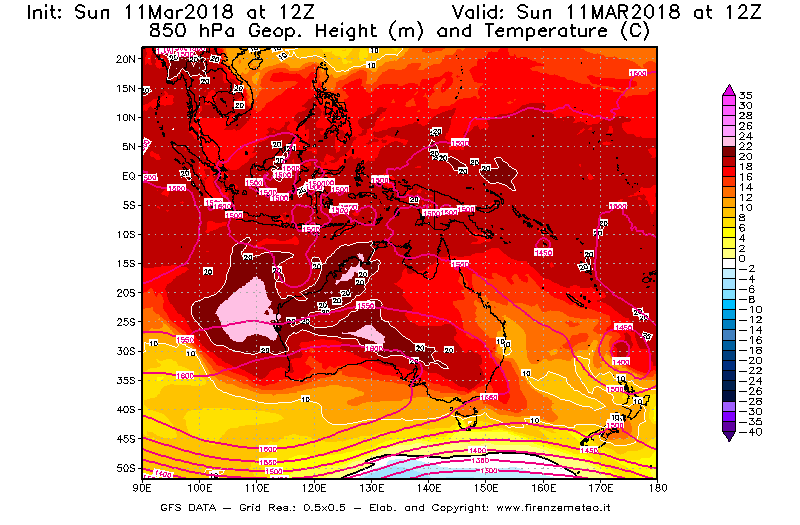Mappa di analisi GFS - Geopotenziale [m] e Temperatura [°C] a 850 hPa in Oceania
							del 11/03/2018 12 <!--googleoff: index-->UTC<!--googleon: index-->
