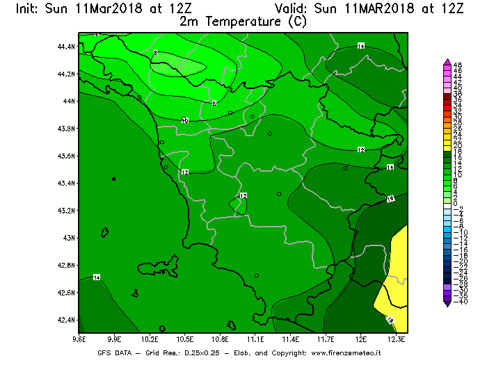 Mappa di analisi GFS - Temperatura a 2 metri dal suolo [°C] in Toscana
									del 11/03/2018 12 <!--googleoff: index-->UTC<!--googleon: index-->