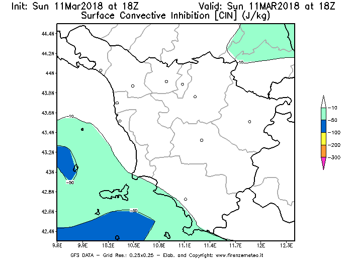 Mappa di analisi GFS - CIN [J/kg] in Toscana
							del 11/03/2018 18 <!--googleoff: index-->UTC<!--googleon: index-->