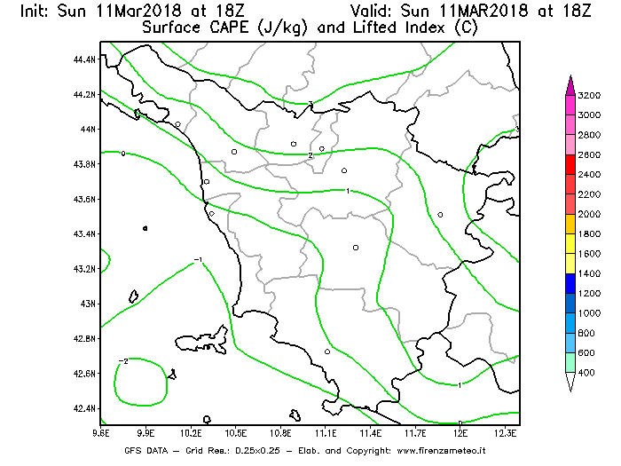 Mappa di analisi GFS - CAPE [J/kg] e Lifted Index [°C] in Toscana
							del 11/03/2018 18 <!--googleoff: index-->UTC<!--googleon: index-->