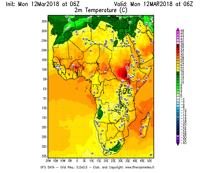 Mappa di analisi GFS - Temperatura a 2 metri dal suolo [°C] in Africa
									del 12/03/2018 06 <!--googleoff: index-->UTC<!--googleon: index-->