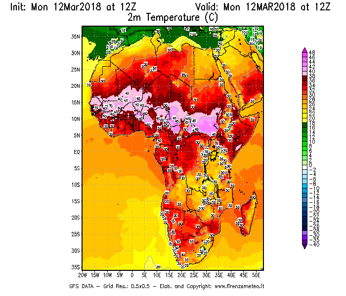 Mappa di analisi GFS - Temperatura a 2 metri dal suolo [°C] in Africa
							del 12/03/2018 12 <!--googleoff: index-->UTC<!--googleon: index-->
