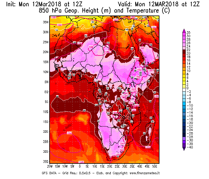 Mappa di analisi GFS - Geopotenziale [m] e Temperatura [°C] a 850 hPa in Africa
									del 12/03/2018 12 <!--googleoff: index-->UTC<!--googleon: index-->