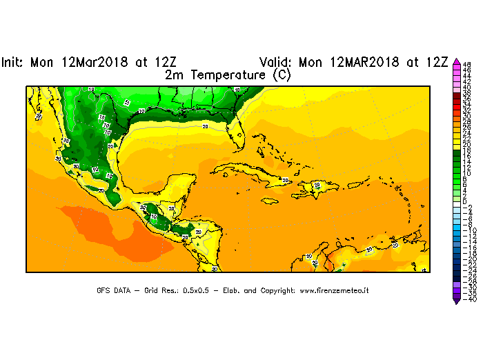 Mappa di analisi GFS - Temperatura a 2 metri dal suolo [°C] in Centro-America
							del 12/03/2018 12 <!--googleoff: index-->UTC<!--googleon: index-->