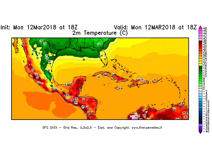 Mappa di analisi GFS - Temperatura a 2 metri dal suolo [°C] in Centro-America
									del 12/03/2018 18 <!--googleoff: index-->UTC<!--googleon: index-->
