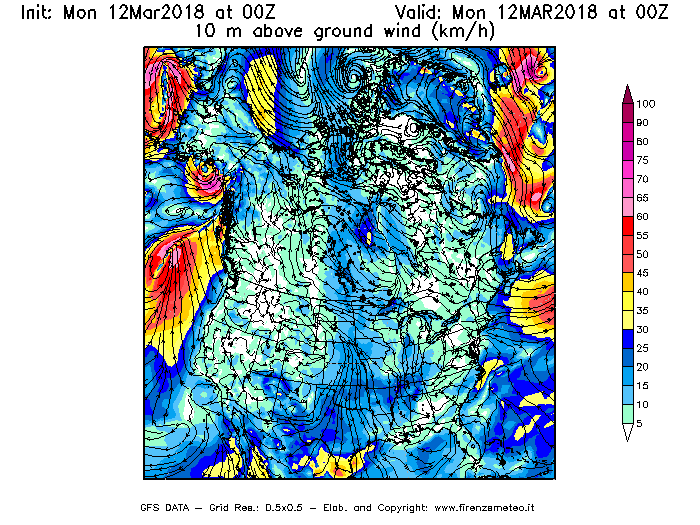 Mappa di analisi GFS - Velocità del vento a 10 metri dal suolo [km/h] in Nord-America
									del 12/03/2018 00 <!--googleoff: index-->UTC<!--googleon: index-->