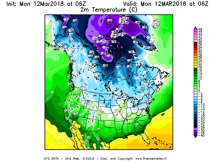 Mappa di analisi GFS - Temperatura a 2 metri dal suolo [°C] in Nord-America
							del 12/03/2018 06 <!--googleoff: index-->UTC<!--googleon: index-->
