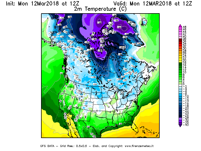 Mappa di analisi GFS - Temperatura a 2 metri dal suolo [°C] in Nord-America
									del 12/03/2018 12 <!--googleoff: index-->UTC<!--googleon: index-->