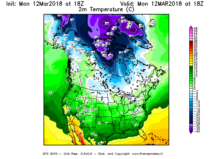 Mappa di analisi GFS - Temperatura a 2 metri dal suolo [°C] in Nord-America
									del 12/03/2018 18 <!--googleoff: index-->UTC<!--googleon: index-->