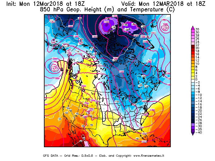 Mappa di analisi GFS - Geopotenziale [m] e Temperatura [°C] a 850 hPa in Nord-America
							del 12/03/2018 18 <!--googleoff: index-->UTC<!--googleon: index-->