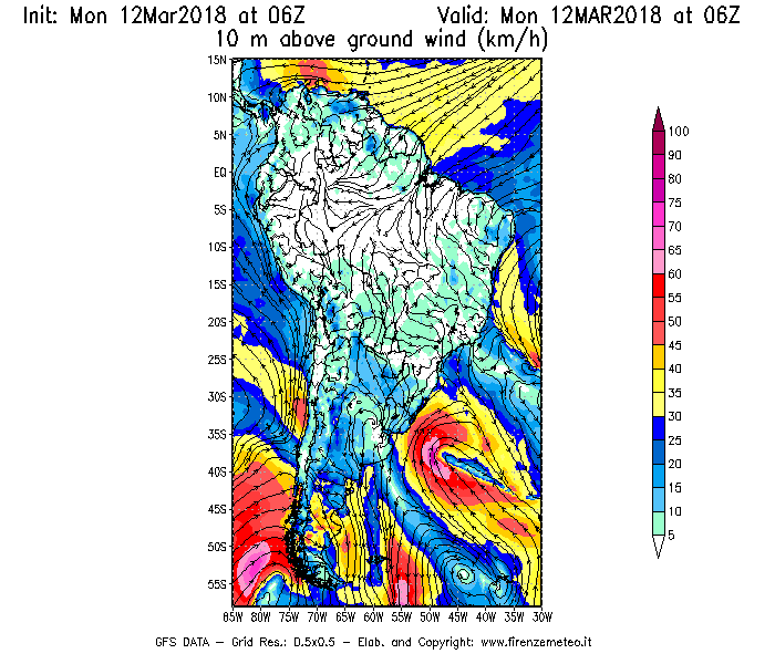 Mappa di analisi GFS - Velocità del vento a 10 metri dal suolo [km/h] in Sud-America
									del 12/03/2018 06 <!--googleoff: index-->UTC<!--googleon: index-->