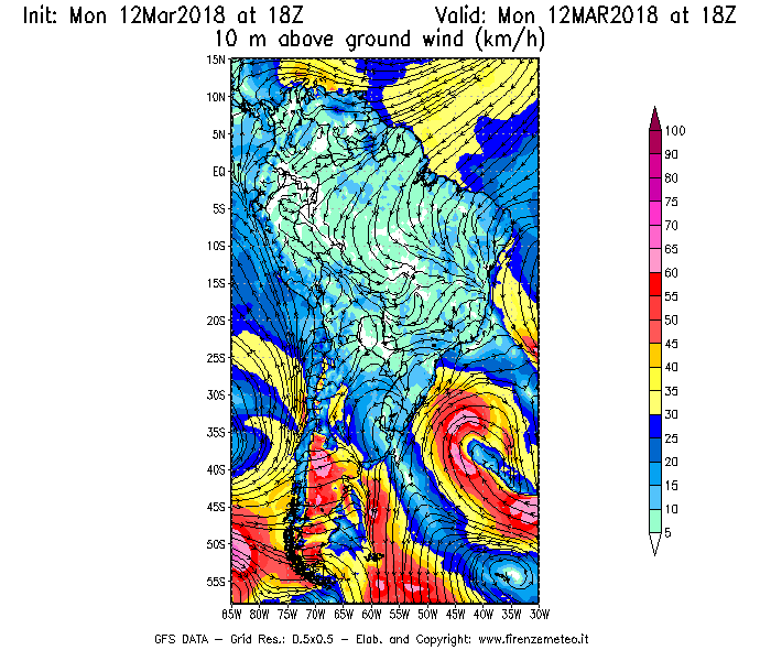 Mappa di analisi GFS - Velocità del vento a 10 metri dal suolo [km/h] in Sud-America
									del 12/03/2018 18 <!--googleoff: index-->UTC<!--googleon: index-->