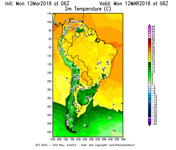 Mappa di analisi GFS - Temperatura a 2 metri dal suolo [°C] in Sud-America
							del 12/03/2018 06 <!--googleoff: index-->UTC<!--googleon: index-->