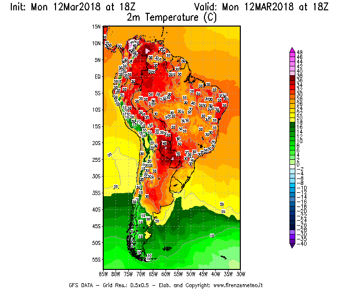 Mappa di analisi GFS - Temperatura a 2 metri dal suolo [°C] in Sud-America
									del 12/03/2018 18 <!--googleoff: index-->UTC<!--googleon: index-->