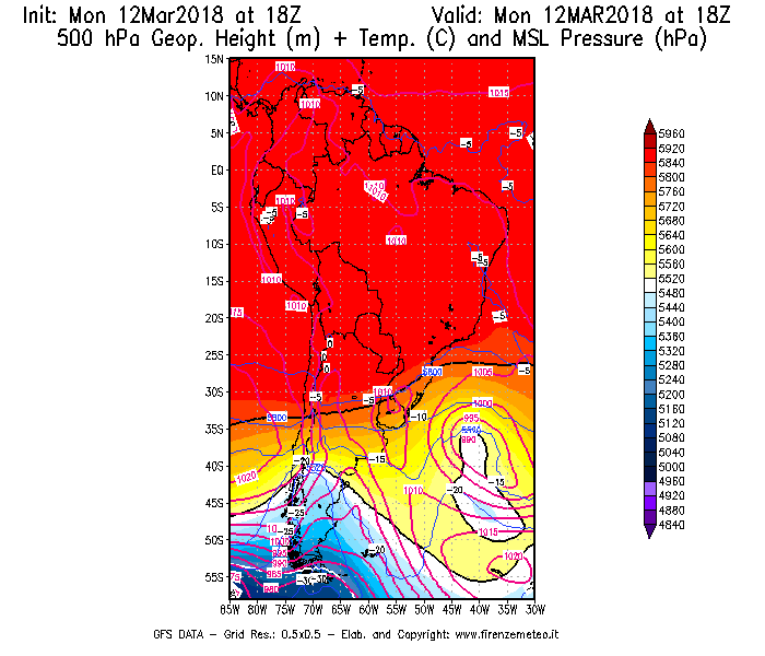 Mappa di analisi GFS - Geopotenziale [m] + Temp. [°C] a 500 hPa + Press. a livello del mare [hPa] in Sud-America
									del 12/03/2018 18 <!--googleoff: index-->UTC<!--googleon: index-->