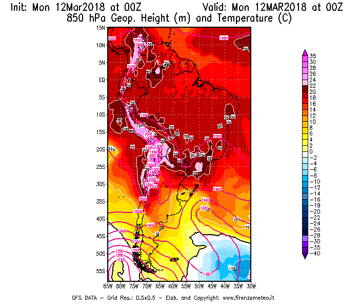 Mappa di analisi GFS - Geopotenziale [m] e Temperatura [°C] a 850 hPa in Sud-America
							del 12/03/2018 00 <!--googleoff: index-->UTC<!--googleon: index-->