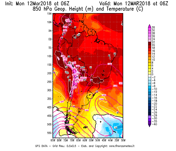 Mappa di analisi GFS - Geopotenziale [m] e Temperatura [°C] a 850 hPa in Sud-America
									del 12/03/2018 06 <!--googleoff: index-->UTC<!--googleon: index-->