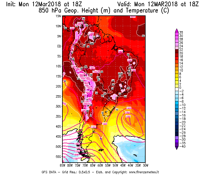 Mappa di analisi GFS - Geopotenziale [m] e Temperatura [°C] a 850 hPa in Sud-America
									del 12/03/2018 18 <!--googleoff: index-->UTC<!--googleon: index-->
