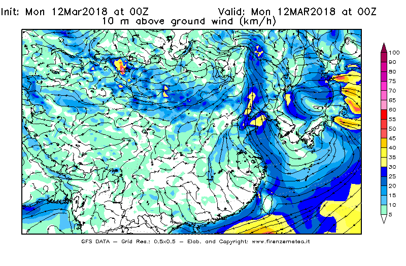 Mappa di analisi GFS - Velocità del vento a 10 metri dal suolo [km/h] in Asia Orientale
							del 12/03/2018 00 <!--googleoff: index-->UTC<!--googleon: index-->