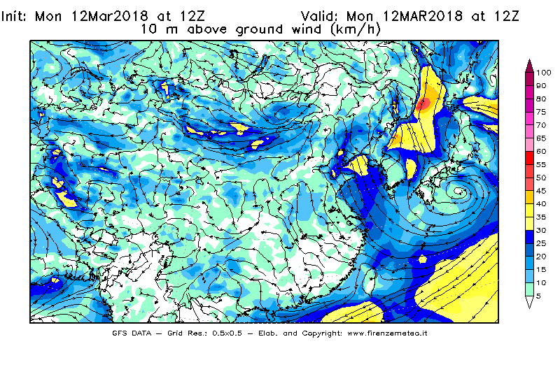 Mappa di analisi GFS - Velocità del vento a 10 metri dal suolo [km/h] in Asia Orientale
									del 12/03/2018 12 <!--googleoff: index-->UTC<!--googleon: index-->