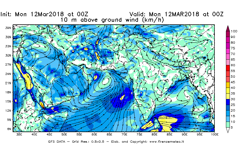 Mappa di analisi GFS - Velocità del vento a 10 metri dal suolo [km/h] in Asia Sud-Occidentale
							del 12/03/2018 00 <!--googleoff: index-->UTC<!--googleon: index-->