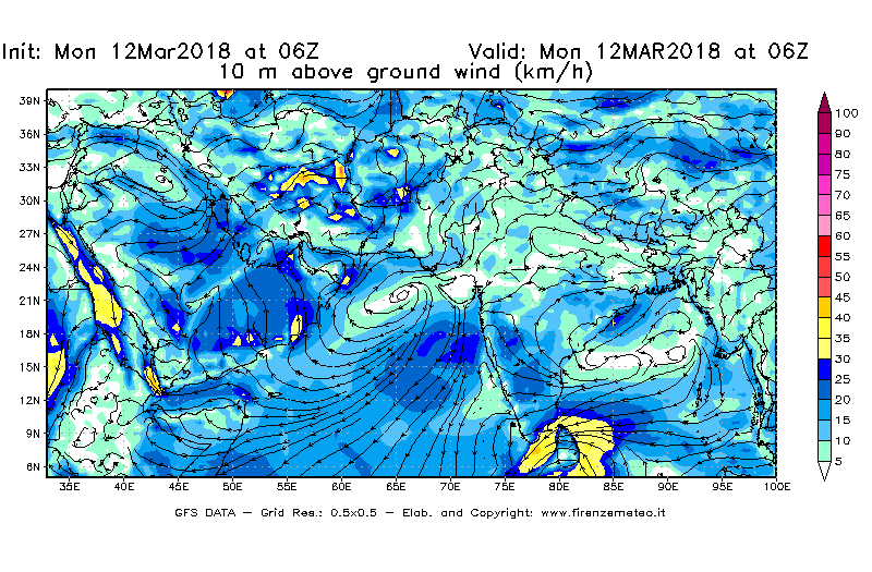 Mappa di analisi GFS - Velocità del vento a 10 metri dal suolo [km/h] in Asia Sud-Occidentale
							del 12/03/2018 06 <!--googleoff: index-->UTC<!--googleon: index-->