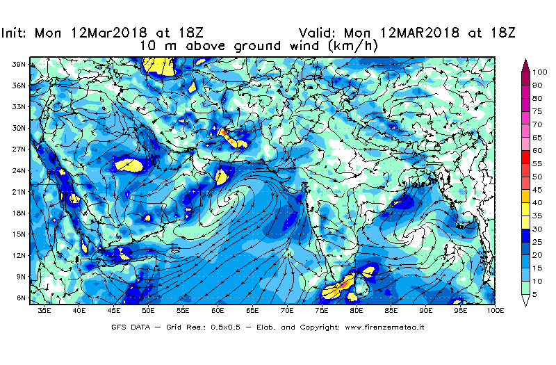 Mappa di analisi GFS - Velocità del vento a 10 metri dal suolo [km/h] in Asia Sud-Occidentale
									del 12/03/2018 18 <!--googleoff: index-->UTC<!--googleon: index-->