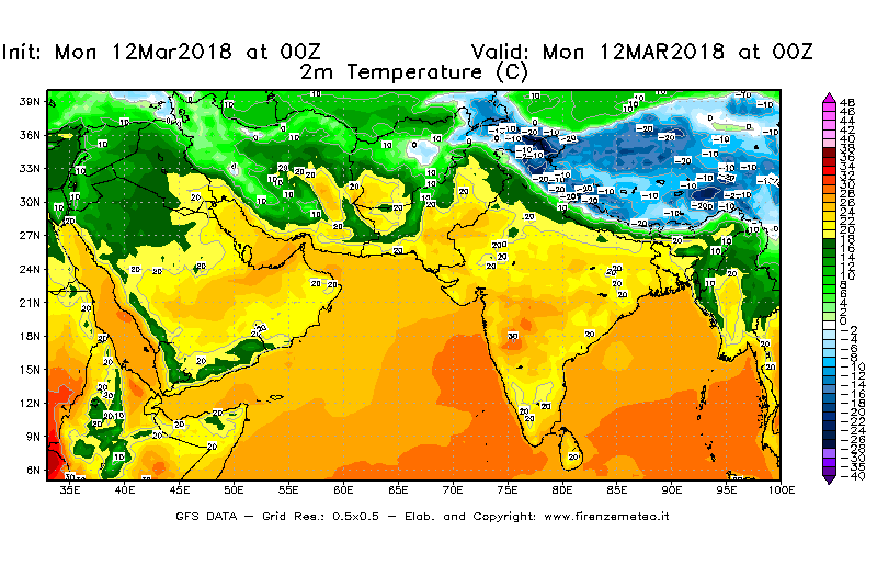 Mappa di analisi GFS - Temperatura a 2 metri dal suolo [°C] in Asia Sud-Occidentale
							del 12/03/2018 00 <!--googleoff: index-->UTC<!--googleon: index-->