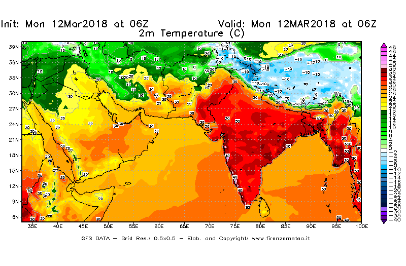 Mappa di analisi GFS - Temperatura a 2 metri dal suolo [°C] in Asia Sud-Occidentale
							del 12/03/2018 06 <!--googleoff: index-->UTC<!--googleon: index-->