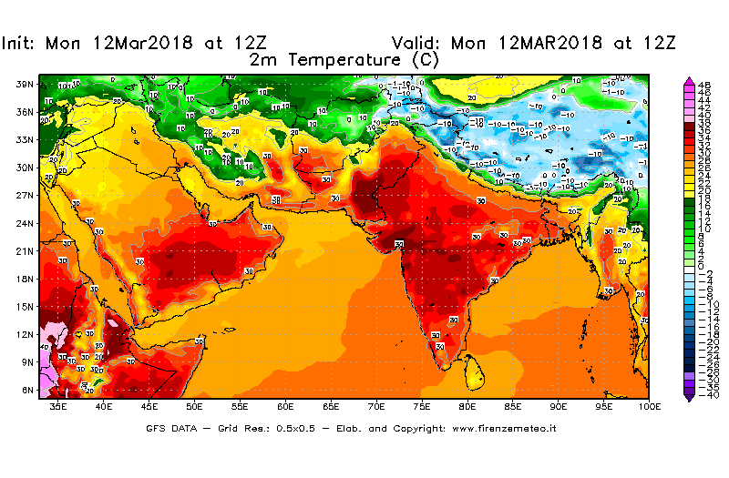 Mappa di analisi GFS - Temperatura a 2 metri dal suolo [°C] in Asia Sud-Occidentale
							del 12/03/2018 12 <!--googleoff: index-->UTC<!--googleon: index-->