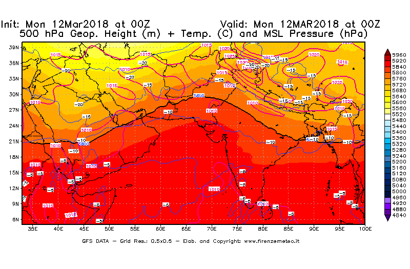 Mappa di analisi GFS - Geopotenziale [m] + Temp. [°C] a 500 hPa + Press. a livello del mare [hPa] in Asia Sud-Occidentale
							del 12/03/2018 00 <!--googleoff: index-->UTC<!--googleon: index-->
