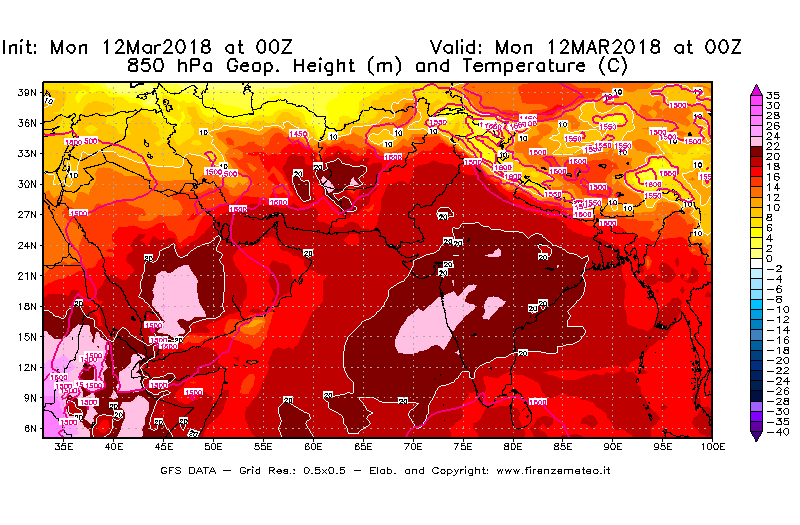 Mappa di analisi GFS - Geopotenziale [m] e Temperatura [°C] a 850 hPa in Asia Sud-Occidentale
									del 12/03/2018 00 <!--googleoff: index-->UTC<!--googleon: index-->