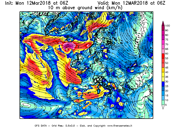 Mappa di analisi GFS - Velocità del vento a 10 metri dal suolo [km/h] in Europa
									del 12/03/2018 06 <!--googleoff: index-->UTC<!--googleon: index-->