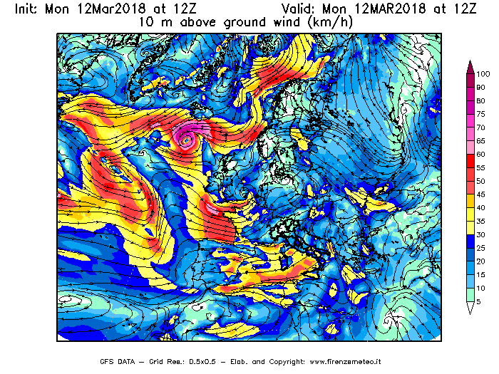 Mappa di analisi GFS - Velocità del vento a 10 metri dal suolo [km/h] in Europa
							del 12/03/2018 12 <!--googleoff: index-->UTC<!--googleon: index-->