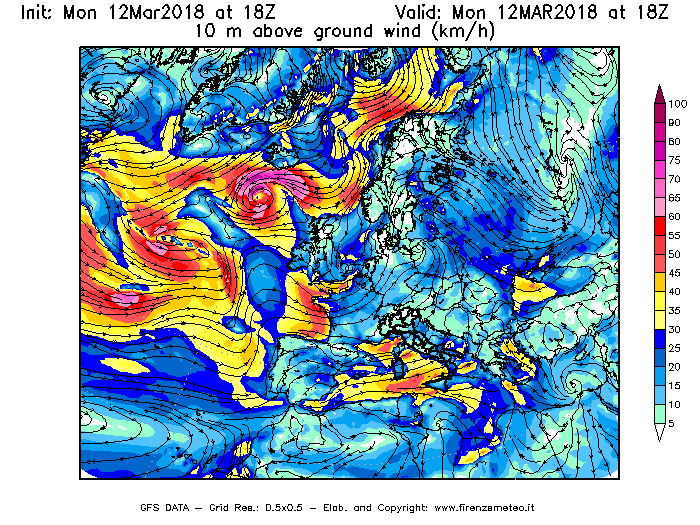 Mappa di analisi GFS - Velocità del vento a 10 metri dal suolo [km/h] in Europa
									del 12/03/2018 18 <!--googleoff: index-->UTC<!--googleon: index-->